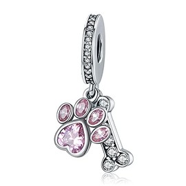 LaMenars Charms Pink Paw Dangle 925 Sterling Silver Dog Bone Pendant Bead with Zirconia Fits Europe Charm Bracelet Necklace, Gifts for Women Girls, Cubic Zirconia
