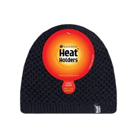 HEAT HOLDERS - Ladies Crochet Knit Style Fleece Lined Warm Thermal Winter Beanie Hat (One Size, Black (Nora))