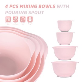 BoxedHome Nesting Plastic Mixing Bowl Set, 4 Piece Mixing Bowl Set with Pour Spouts, Size 1.7, 2.5, 3.5 and 4.5qt, for Prepping, Mixing, Baking, Cooking(2023 New Version, Pink)