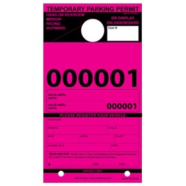 100 Tags. Temporary Parking Permit Hang Tags for Car Rear View Mirror. Valet Pass. Large Consecutive Numbers. Black on Fluorescent Pink Durable Cardstock with Perforation Tear Off Stub. 7.75"X4.25"