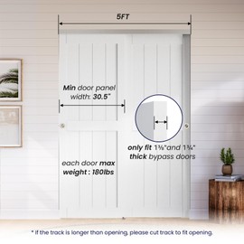 SMARTSTANDARD 60"/5FT Bypass Sliding Door Hardware Soft Close Kit for Cabinet Closet, Sliding Pocket Door Hardware For 2 Doors, with Finger Pull-Smoothly and Quietly-Fit 30.5" Wide Door Panel, No Door