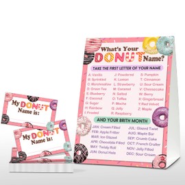 What's Your Donut Name Game - Sweet Donut Birthday Party Games for Girls - Family School Classroom Activity - 1 Standing Sign and 30 Stickers - Kids Doughnut Party Supplies Decorations(08)