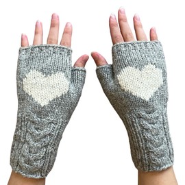 Ella Sussman Hand Knit Alpaca Wool Heart Fingerless Cable Glove Fleece Lined Winter Texting Driving Office (Gray)