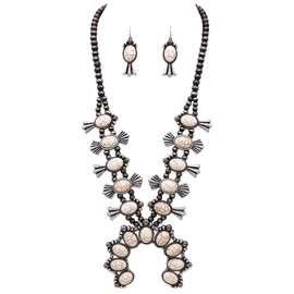 Rosemarie & Jubalee Women's Statement Western Howlite Squash Blossom Necklace Earrings Set, 27"-30" with 3" Extension (Natural White)