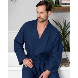 Lotus Linen Spa Men's Bath Robe – Soft Waffle Weave, Lightweight, Absorbent Cotton bathrobe for men