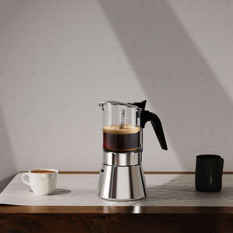 SIXAQUAE Moka Induction Stovetop Espresso Maker,Crystal Glass-top & Stainless Steel
