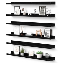 upsimples Floating Shelves for Wall, Wall Shelves for Decor Storage Set of 6, Wall Mounted Wood Shelves for Bedroom, Living Room, Bathroom, Kitchen, 35.5 inch Long Picture Ledge Shelves, Black
