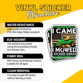 3 Pcs Lawn Mower Sticker I Came I Mowed I Kicked Grass – Funny Patriotic Yard Work Vinyl Decal Waterproof for Tumbler, Helmet, Car, Laptop – Gift for Gardeners and Hardworking Dads – 3 Inch