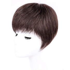AiUree Women Short Straight Human Hair Topper With Swept Bangs - Dark Brown 5.9 x 6.3 Silktop Base Head Spin Top Piece 6 Inch Clip in Hairpiece for Covering Grey and Thinning Hair