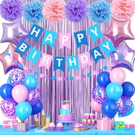Purple Pink Blue Birthday Decorations,Girls Boys Cartoon Party Decorations with Blue Pink Confetti Birthday Balloons Happy Birthday Banner Purple Fringe Curtain Tissue Paper Pompoms Star Garland