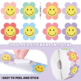 AnyDesign 1000 Daisy Flower Stickers Roll Happy Smile Face Decal Self-Adhesive Floral Reward Groovy Motivational Stickers for School Teacher Kids Students, 8 Designs