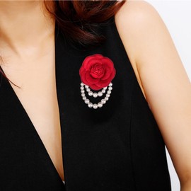 Vintage Camellia Pearl Tassel Brooches Bracelet Bohemian Pearl Safety Pins Bracelets Flower Hairpin Headpieces Shawl Pins Dainty Elegant Lapel Pins Wedding Party Dress Accessories for Women (red)