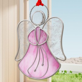KUNDGLA Angel Stained-Glass Sun-Catcher, Decorative Indoor Windows Metal Suncatcher Ornament, Gifts for Friends Mom Teacher Birthday Christmas Tree Holiday Hanging Décor (Pink Angel)