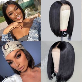 PORSMEER Short Straight Bob Wig Glueless Lace Front Wig for Black Women Natural Yaki Synthetic Heat Restistant Hair 150% High Density 10 inch