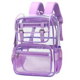 Tinrbip Clear Backpack Heavy Duty, Thick PVC Transparent Bookbag with Leather Trim, Stadium Approved Clear Backpacks, Large Capacity See Through Backpacks for Travel (Purple)