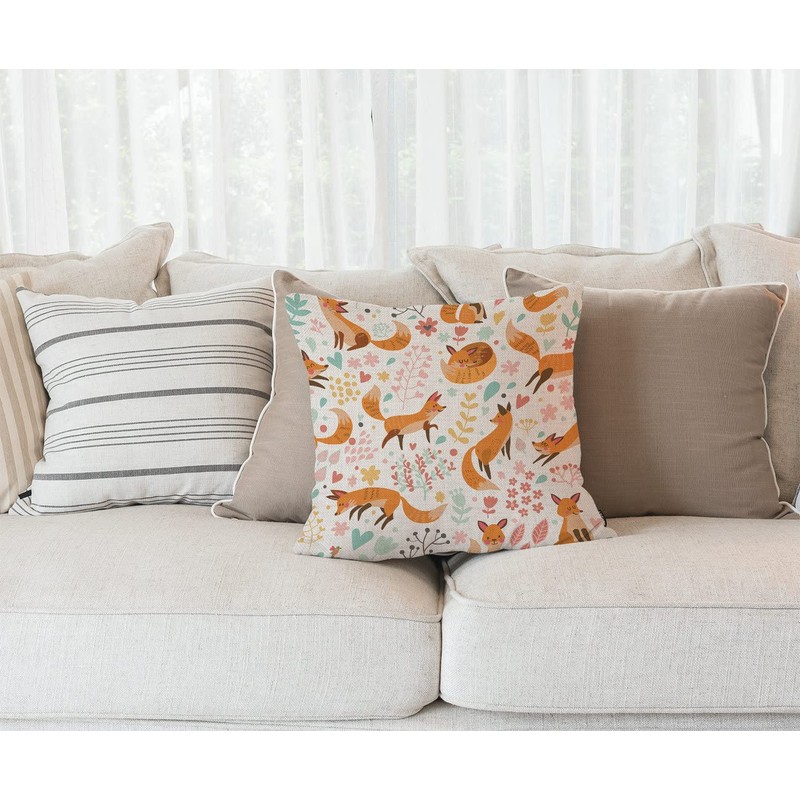 Pillow Cover 18x18in, Cute Foxes and Flowers Pillows Soft Decorative