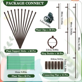Hoemwarm 30 Pcs Adjustable Plant Sticks, 12 in Plant Support Sticks Plant Support Stakes with Orchid Clips Garden Ties Plant Support Cage for Potted Plants Indoor Orchid Flower Tomato, Brown