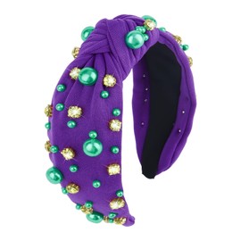 Mardi Gras Headband Purple Pearl Knotted Hairband Purple Green Gold Pearl Rhinestone Jeweled Knotted Headbands Fashion Cute Hair Bands Carnival Parade Party Mardi Gras Accessories