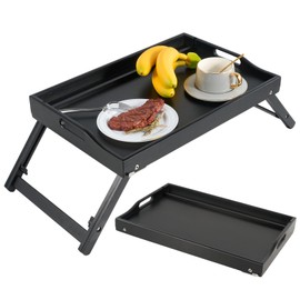 Adjustable Bamboo Bed Tray Table with Tablet & Phone Holder,Black Folding Lap Desk for Eating, Breakfast, Laptop & Snacks,Portable Tray with Legs for Bed, Couch, Sofa or Picnic