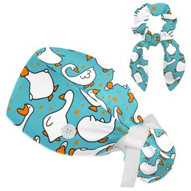 Cute Cartoon Goose Scrub Caps Women with Buttons Sweatband and Hairband Surgical Caps for Long Hair Women, Multicolor 08, One Size
