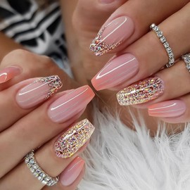 24Pcs French False Nails Coffin Press on Nails Medium Length Orange Gradient Glue on Nails Pink Glitter Design Acrylic Full Cover Reusable Stick on Nails for Women and Girls