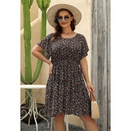 Nemidor Womens Casual Plus Size Summer Boho Chiffon Print Midi Skater Dress with Ruffle Sleeve NEM297(18,Black Red)