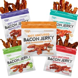 Bacon Jerky Variety Pack | 5 Flavors & Up to 24g Protein Per Bag | Fully Cooked, Tender, Easy to Chew, USA Made, High Protein Carnivore Snacks | Unique Gifts for Men (5 Bags)