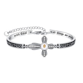AOBOCO Mustard Seed Cross Bracelet with Created Diamond Birthstone Sterling Silver With God All Things are Possible Bangle Christian Faith Religious Jewelry Gift for Women(April)