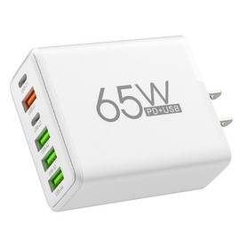 65W 6 Ports PD Fast Wall Charger, QC3.0 Type C PD 65W USB C Hub Power Charger Adapter charging Plug - Color: White