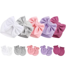 DRESHOW Newborn Baby Hat Mittens Hospital Hat Beanie Infant Hats with Bow Baby Gloves for 0-6 Months, 5 Sets: Bow Hats & Mittens Set33-06