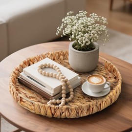 Round Ottoman Tray Large Wicker Serving Tray with Handles for Coffee Table, Handwoven Natural Water Hyacinth Tray Straight Edges