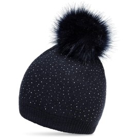 Caspar MU191 Women's Fine Knitted Winter Hat with Fur Pom and Subtle Glitter Rhinestone - dark blue