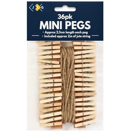 36 Mini Wooden Pegs & 2m Jute Twine String - Rustic Natural Wood Clips for Arts Crafts Scrapbooks - Hanging Christmas Photos Cards Books Peg Line Event Display - Home Wedding Baby Shower Wall Decor