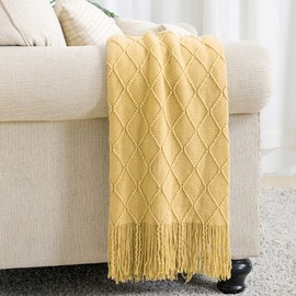 BOURINA Textured Solid Soft Sofa Throw Couch Cover Knitted Decorative Blanket, Mustard, 127x152cm