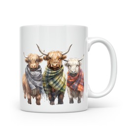 Noble & Page Hand Printed Ceramic Mugs - Watercolour Highland Cows in Tartan Scarves - Cow 5 | Dishwasher Proof | Made in The UK