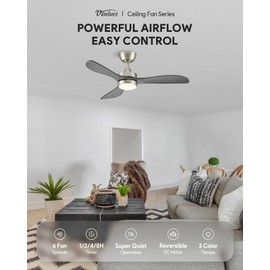 VONLUCE Ceiling Fans with Lights, 42 Inch Ceiling Fan and Remote, 6-Speeds Noiseless Reversible DC Motor, 3CCT, Wood Ceiling Fan for Outdoor Indoor Farmhouse Patios, Nickel