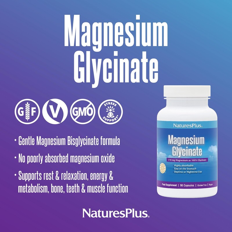 NaturesPlus Magnesium Glycinate Capsules - Gentle Magnesium Supplement for Day