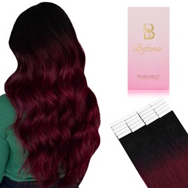 Befana Tape in Hair Extensions Human Hair,22inch 20 Pcs #T1B/99J Ombre Black to Burgundy Tape in Human Hair Extensions,Straight Silky 50g for Women Girls