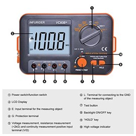 Probador digital de resistencia de aislamiento, medidor de megohmios YF-VC60B+, probador de voltaje 250/500/1000V, medidor de megohmios con visualización LCD de retroiluminación, retención de datos
