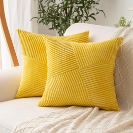 ZSkogur Decorative Throw Pillow Covers 18x18 Inch Set of 2 for Boho Living Room Farmhouse Home Decor, Spring Pillow Covers for Couch Bed, Soft Corduroy Striped Patchwork Cushion Cases, Yellow