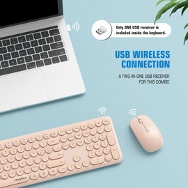 Mobifice Cute Wireless Keyboard Mouse Combo,Pink 2.4G Cordless Full-Sized Computer Keyboard and Mouse Set with Colorful Retro Round Typewriter Keyboard for Windows, Laptop, Desktop, PC