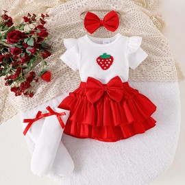 LUVCES Newborn Baby Girl Summer Outfit Ruffle Short Sleeve Romper + Bowknot Bloomers Tutu Skirt Shorts + Headband + Socks Cute Clothing Set, Style C: Red Strawberry, 6-9 months