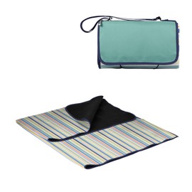 PICNIC TIME Outdoor Picnic Blanket Tote, 59"x51" Foldable Beach & Camping Blanket with Soft Fleece, Water-Resistant Bottom, Adjustable Strap & Zippered Pocket (St. Tropez - Sky Blue, Multi Stripe)