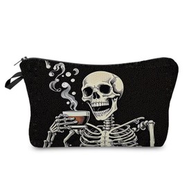 Livel lhood Funny Coffee Skeleton Makeup Bag Cute Small Organizer Zipper Pouch Funny Coffee Skeleton Cosmetic Bag Gothic Birthday Present for Women Friends