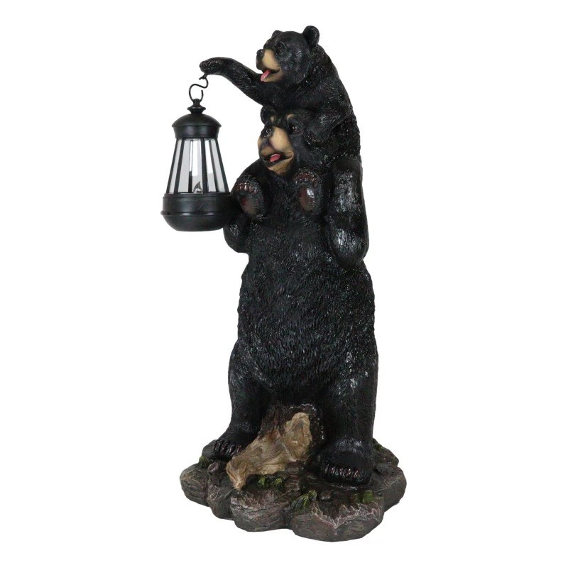 Rustic Black Bear Carrying Cub On Shoulder Statue Solar LED