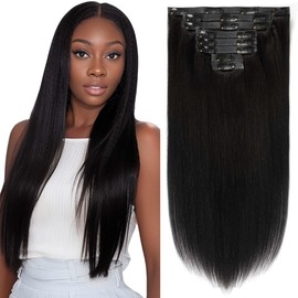 Caliee 20 Inch Seamless Clip in Hair Extensions Human Hair 8Pcs for Full Head 115G Yaki Straight Clip in Hair Extensions Real Hair PU Weft Color 1 Jet Black Soft Silk