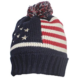 Best Winter Hats Adult Americana Flag Cuffed Knit Beanie W/Pom & Faux Fur Lining - Navy/Beige