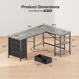 Huuger 55 Inch L Shaped Desk with Drawers, Reversible Computer Gaming Desk with Power Outlets and USB-C Port, Adjustable Side Storage Shelves, for Work Study Corner Home Office, Grey