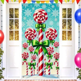 BlissYard Christmas Door Banner Set 35x71 Inch Candy Cane Lollipops With Red White Swirl Stripes and Green Bows Home Porch Decoration Christmas Decor Front Door Party Holiday Decoration