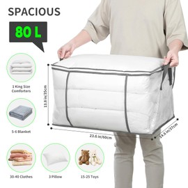 [80L/2 Pack] Clear Large Clothes Storage Bags, Plastic Blanket Storage Bags with Zipper, Clear Window Closet Organizers and Storage Container Bins for Bedding, Comforters, Pillows
